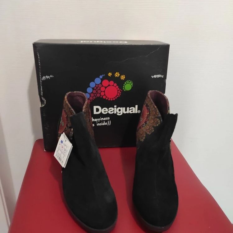 Black Ankle Boots With Patterned Fabric Detail image 1